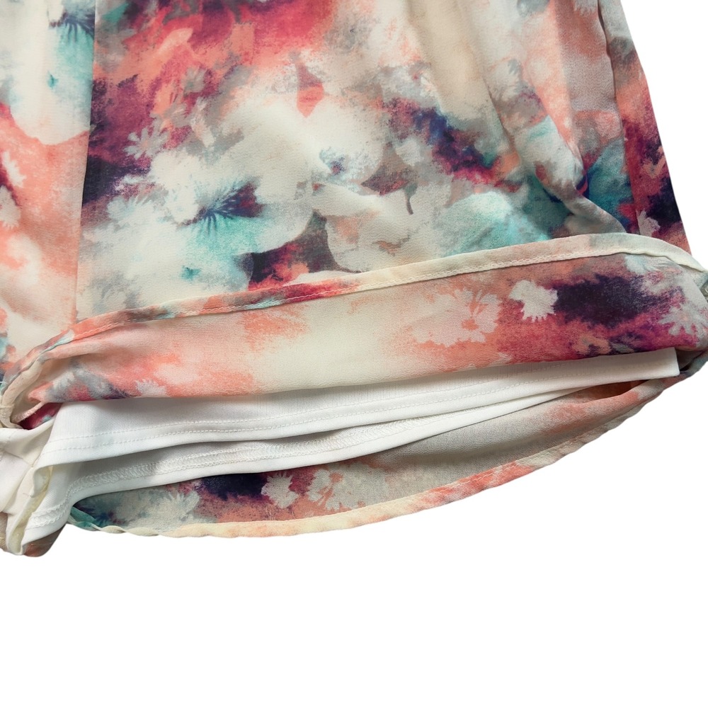 Peach Love California Watercolor Floral Cold Shoulder Romper Peach Teal Small - Picture 5 of 10